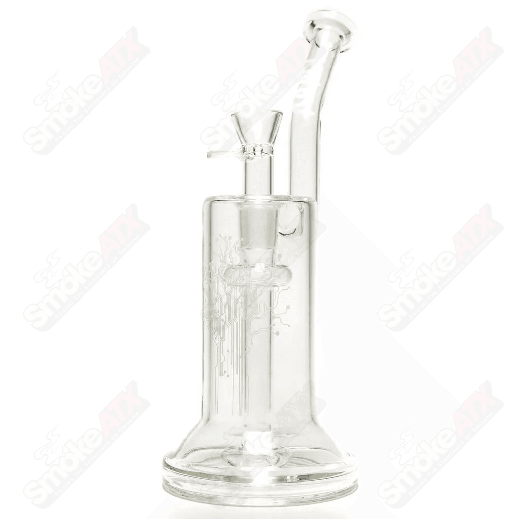 Urbal Technologies 18mm hybrid glass bubbler with four-hole diffuser, showcasing clear glass and intricate design details.