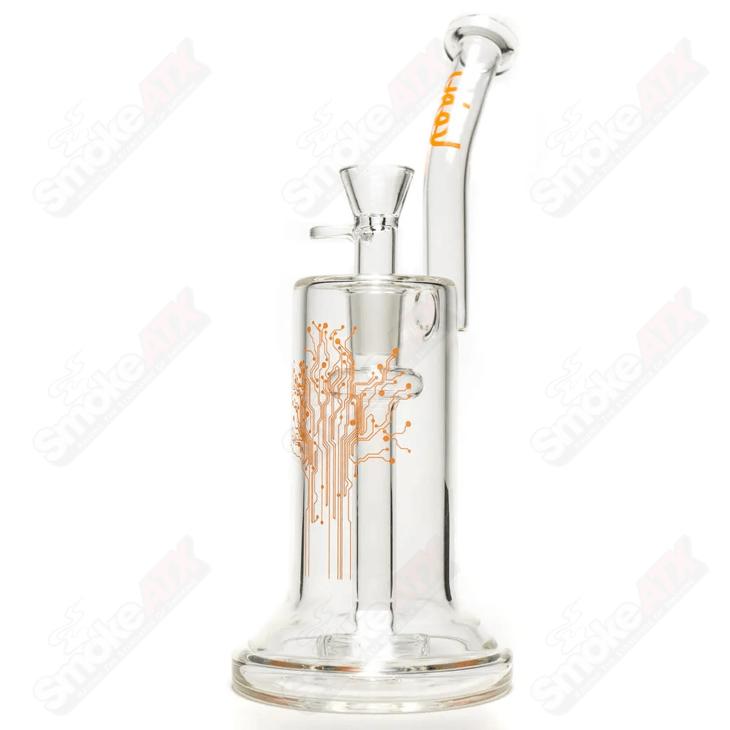 Glass Urbal Technologies 18mm hybrid bubbler with 4-hole diffuser and intricate design for smooth smoking experience.