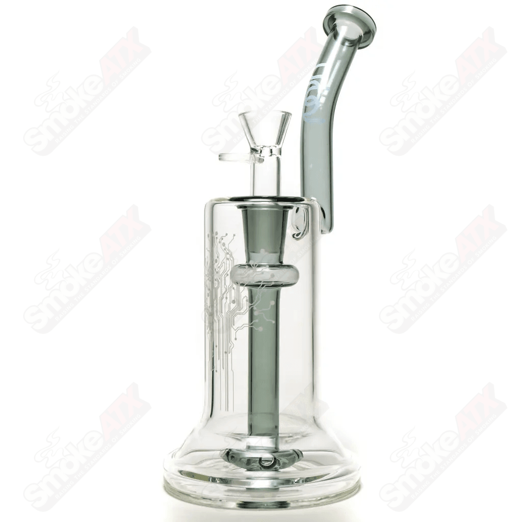Urbal Technologies 18mm hybrid glass bubbler with 4-hole diffuser showing clear glass design and water chamber.