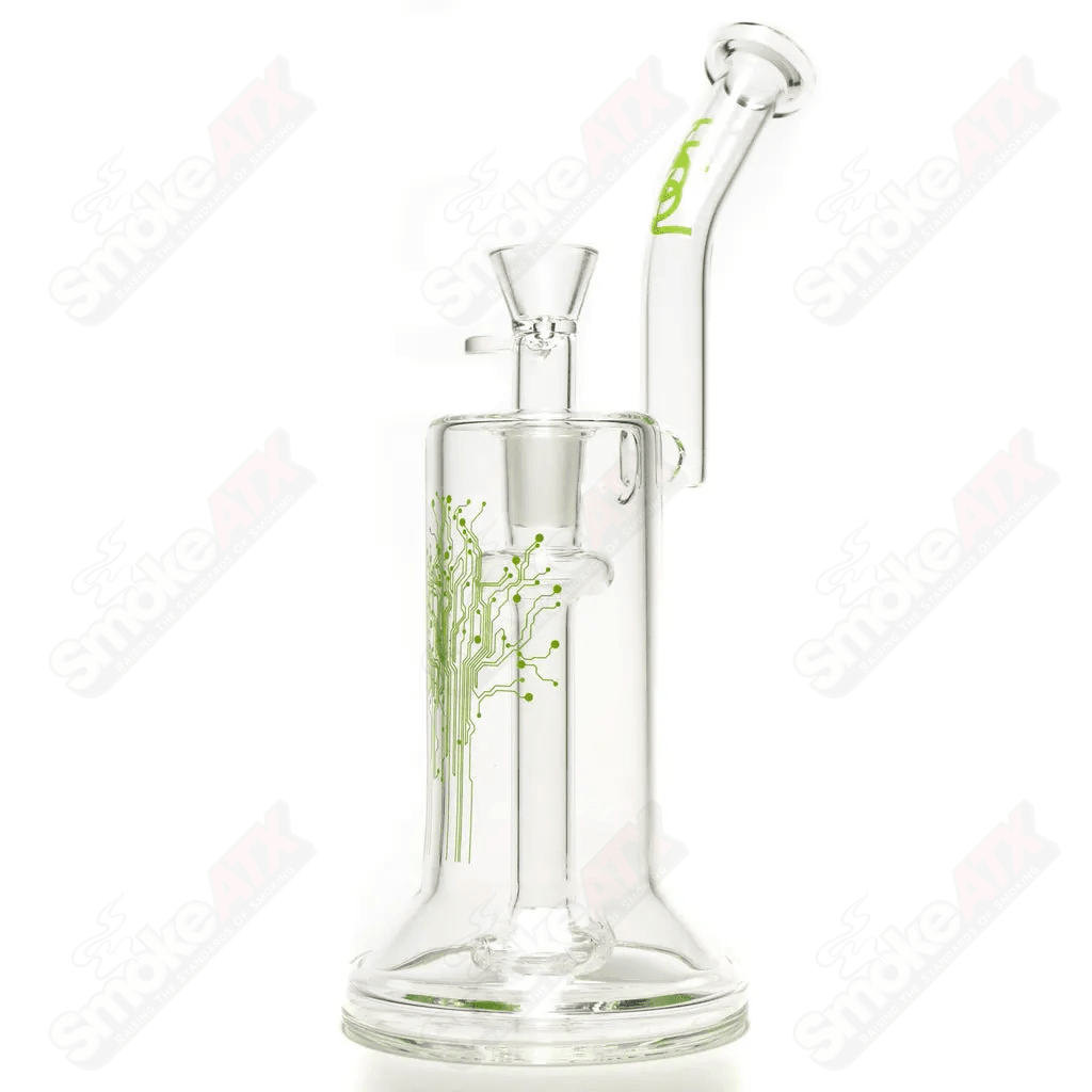Urbal Technologies 18mm hybrid glass bubbler with 4-hole diffuser, showcasing clear glass design and water chamber for smooth hits.