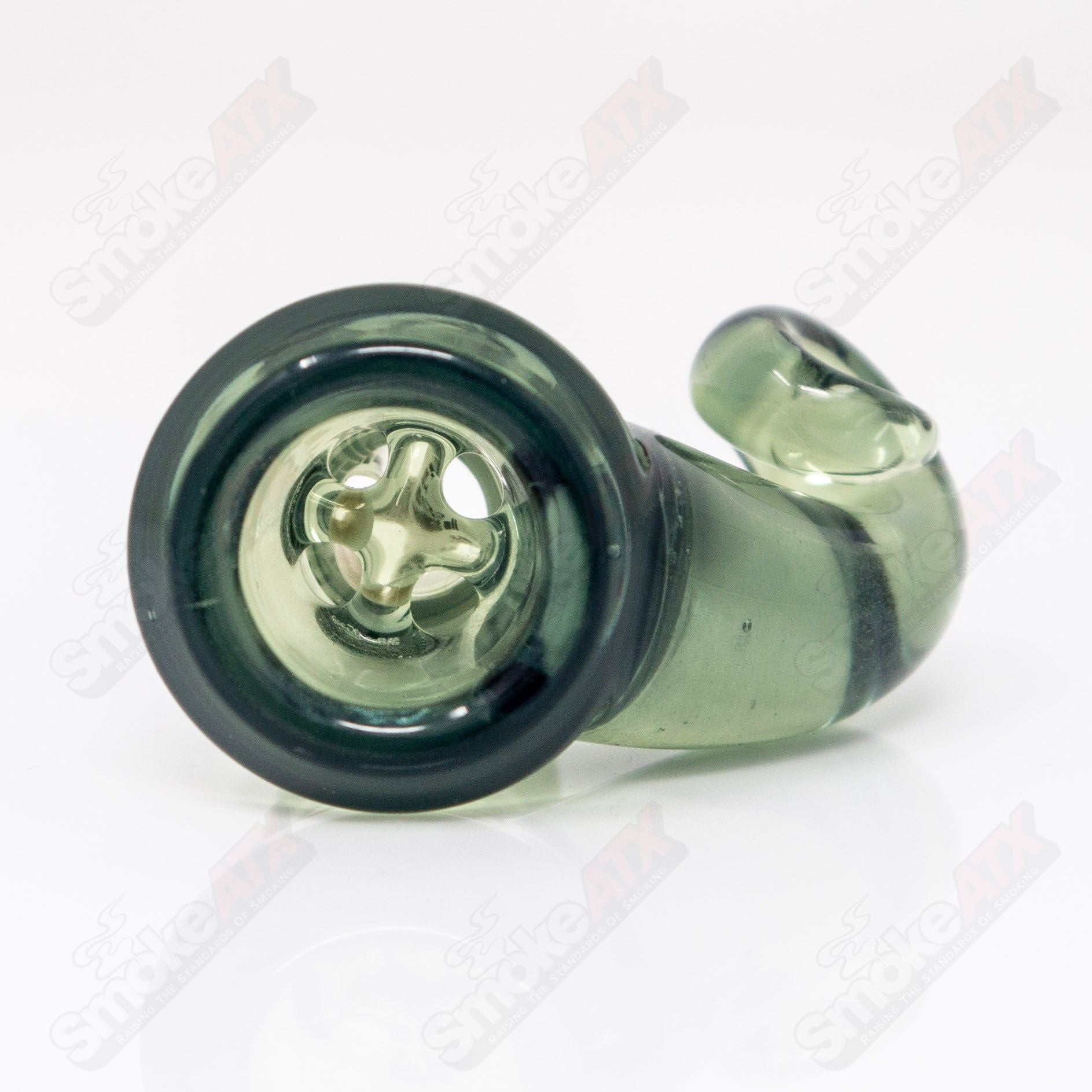 UV CFL Iced Potion Black T Glass 18mm Fully Worked Slide by Smoke ATX, featuring vibrant colors and intricate glasswork for bowls.
