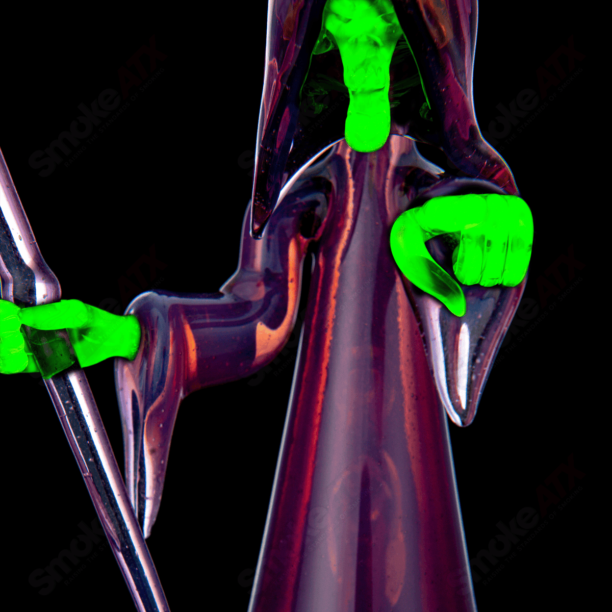UV Reaper Joachim Glass heady concentrate rig with vibrant UV-reactive design and intricate glasswork by Joachim Glass