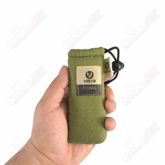 Green hemp Vatra Bags protection case with a 4.5-inch drawstring closure, designed for secure storage of small items.