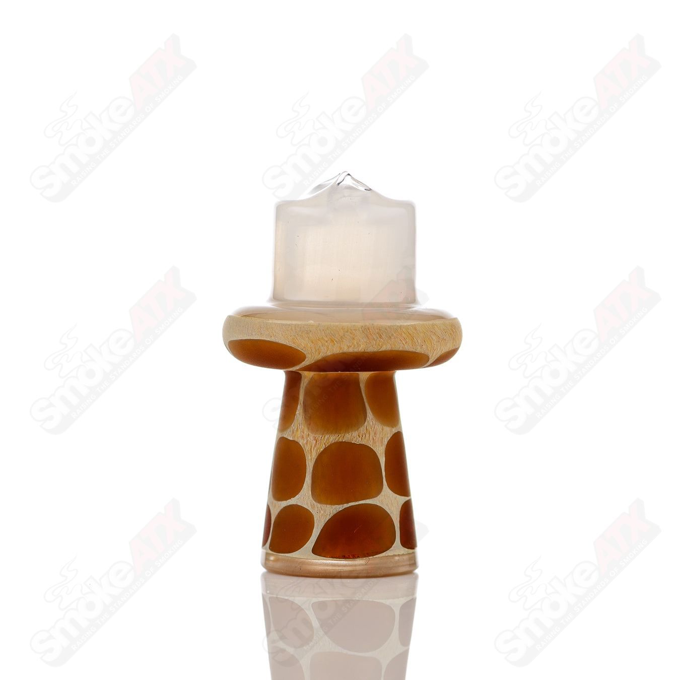 White giraffe-shaped spinner cap with pearl accents by Robertson Glass for heady glass carb collection, featuring intricate glass details.