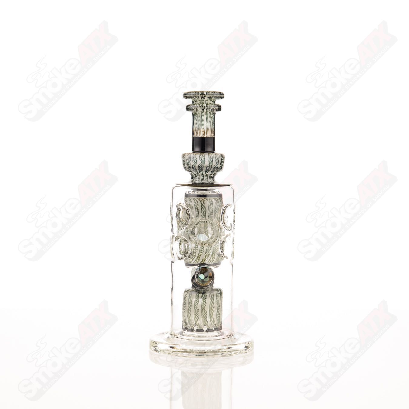 White satin Zanfirico rig by GD Glass, heady glass concentrate rig with intricate white satin and colorful glass accents.