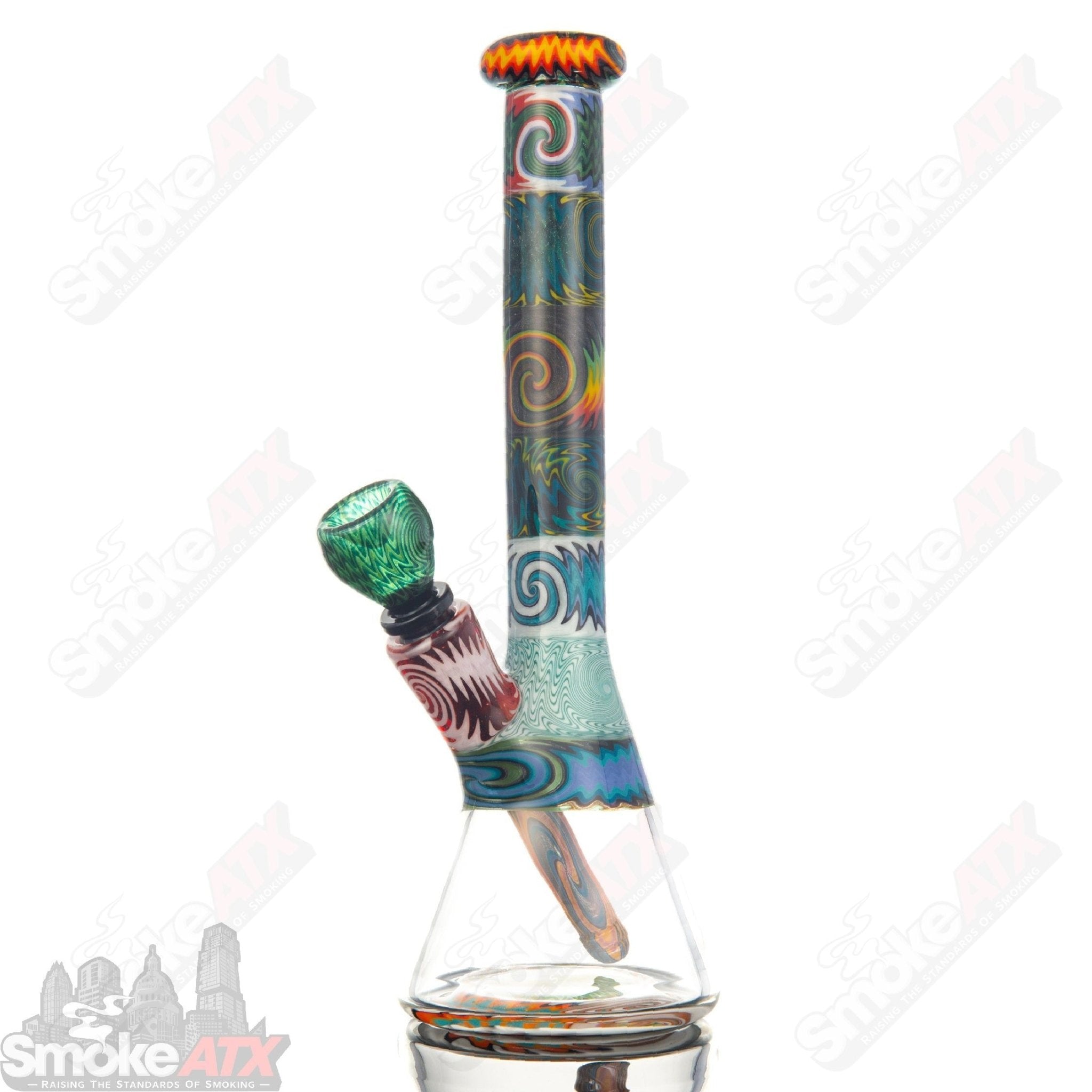 Colorful Wig Wag Beaker 14-Section Strobel Glass, hand-blown heady glass with intricate design and vibrant pattern.