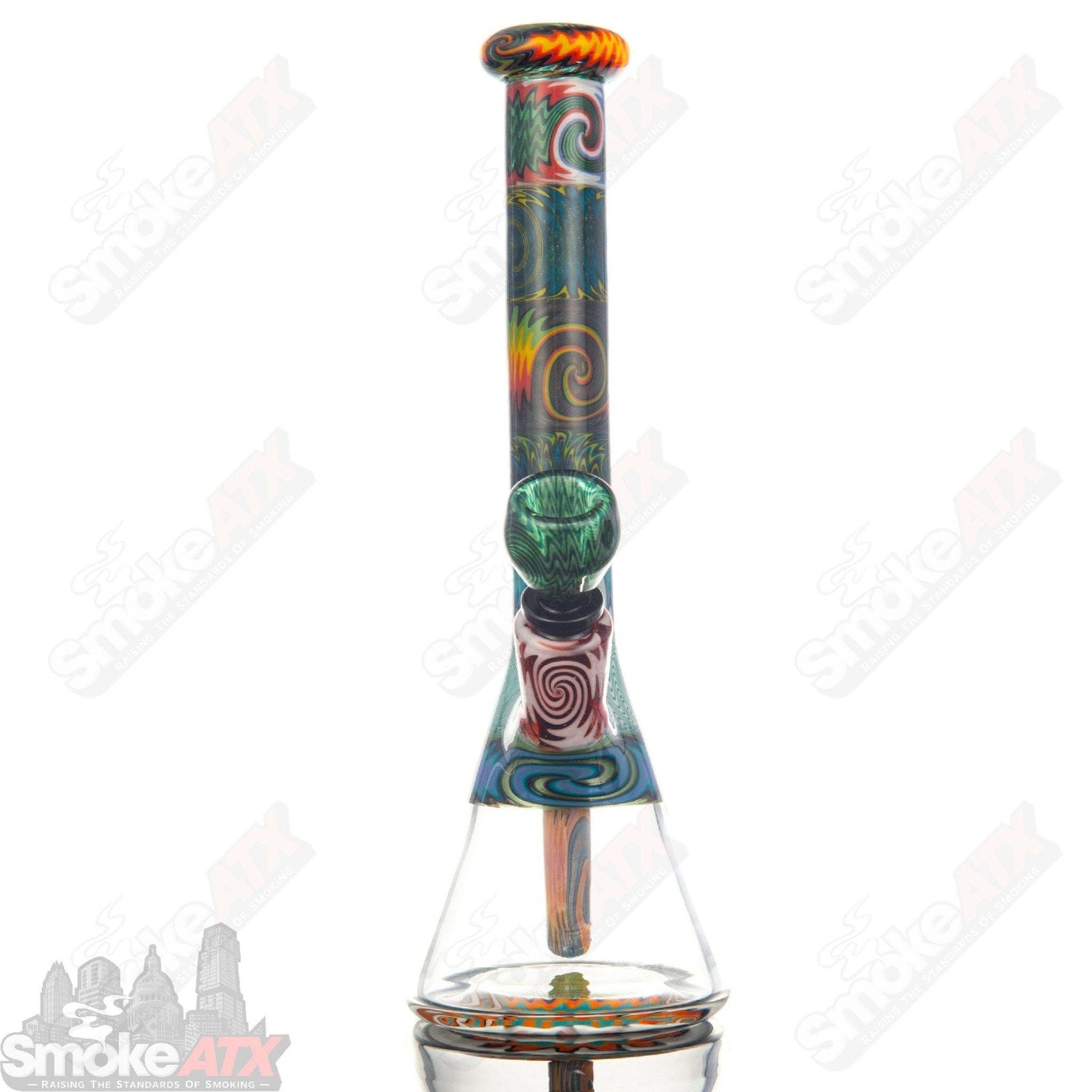 Colorful Wig Wag Beaker with 14-section Strobel Glass design, featuring vibrant patterns and a sturdy glass beaker shape.