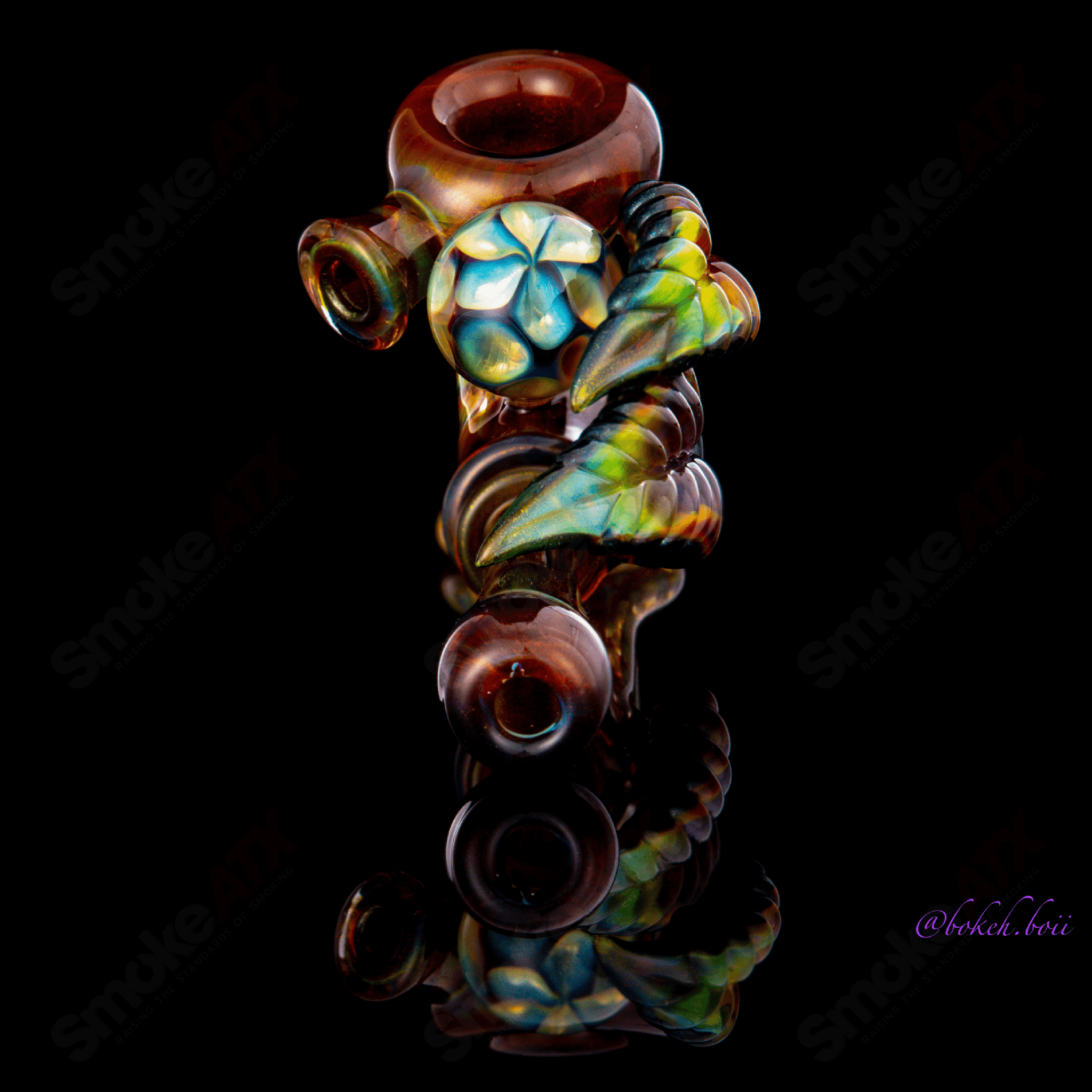Calmbo X Dosh Wrap and Rake dry pipe made of heady glass, featuring intricate wrap and rake design for a stylish hand pipe.