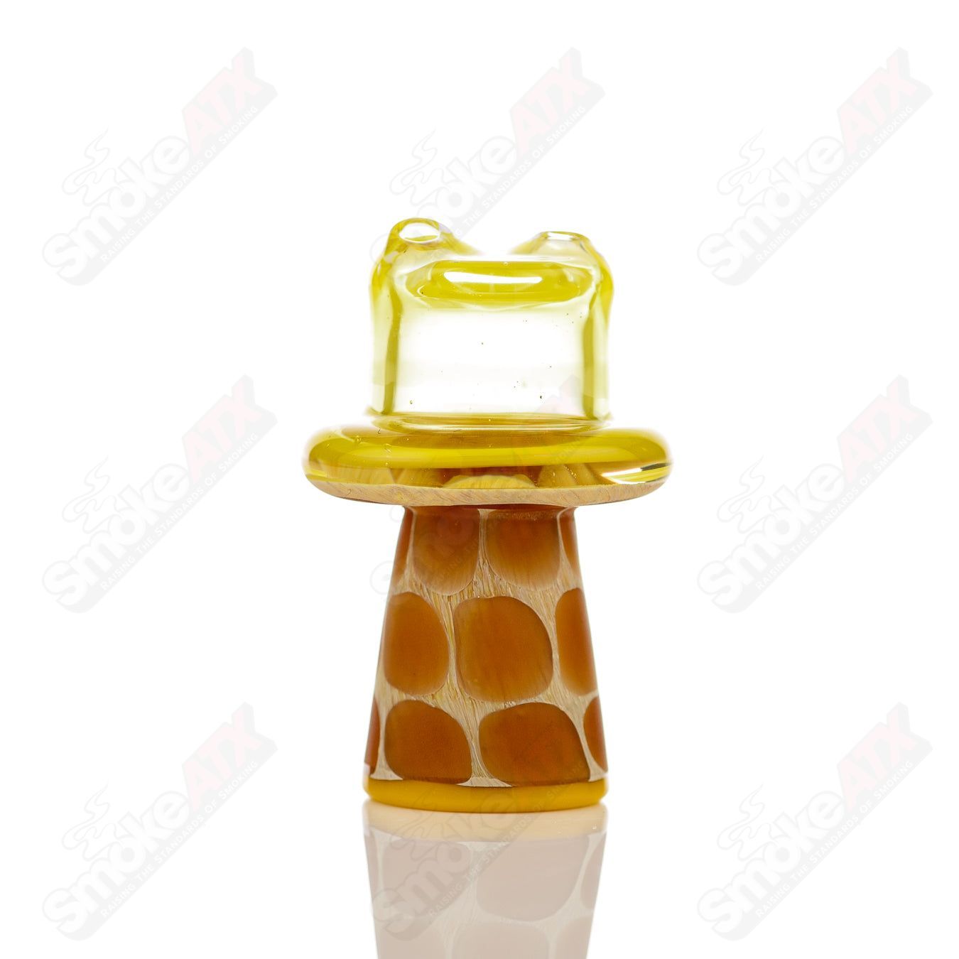 Yellow giraffe-shaped spinner cap with pearl accents, designed for Robertson Glass heady glass carb caps.