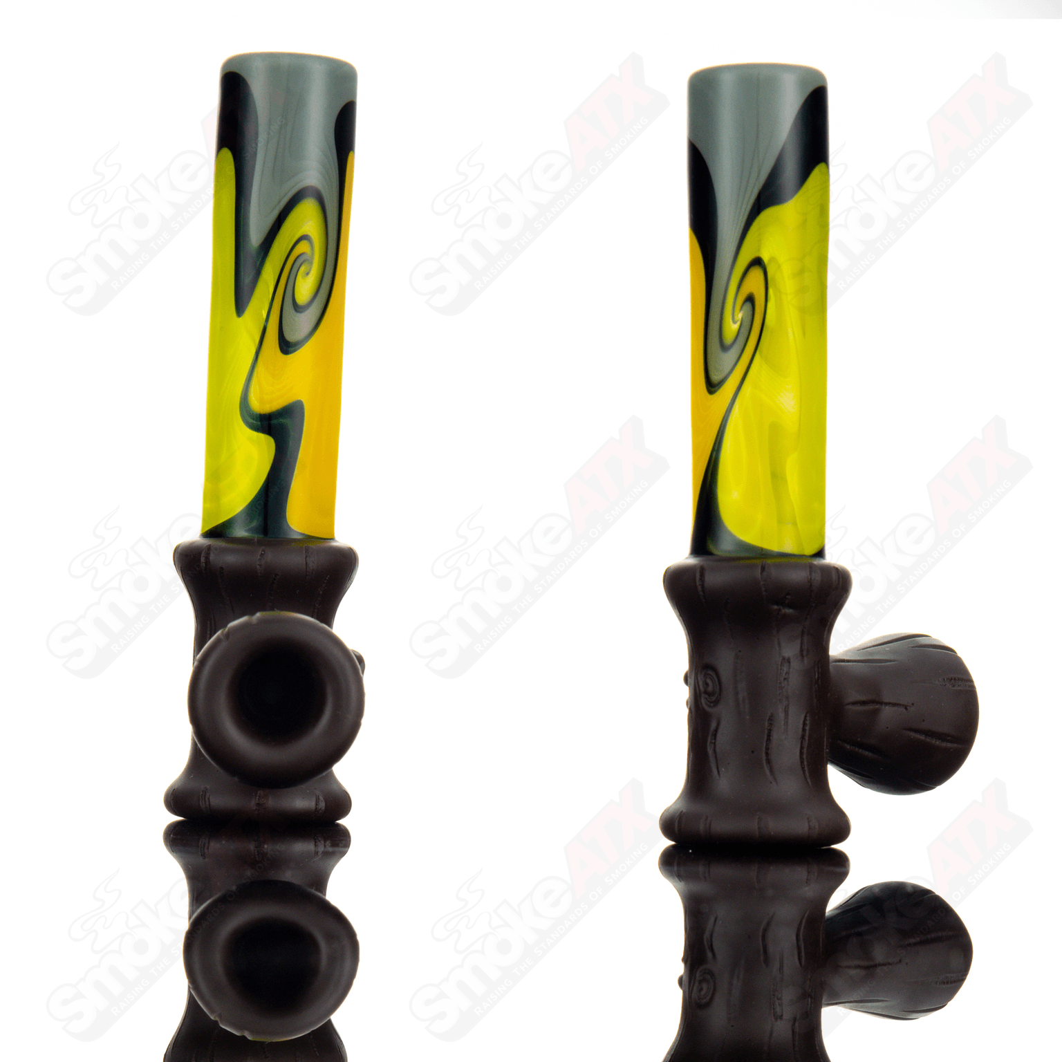 Yellow, grey, black, and wood peace pipe from Chad G Glass, a handcrafted heady glass hand pipe with intricate color details.