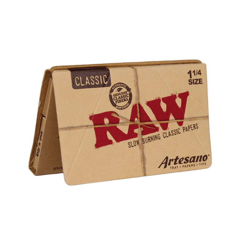 RAW Artesano Classic Raw 1 1/4 rolling papers, natural unbleached hemp paper for rolling cigarettes or herbal wraps.