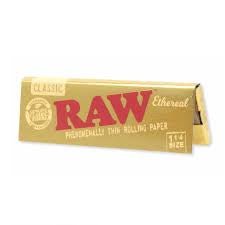 Thin, translucent RAW Ethereal Classic rolling papers, 1 1/4 size, designed for smooth, enjoyable rolling experiences.