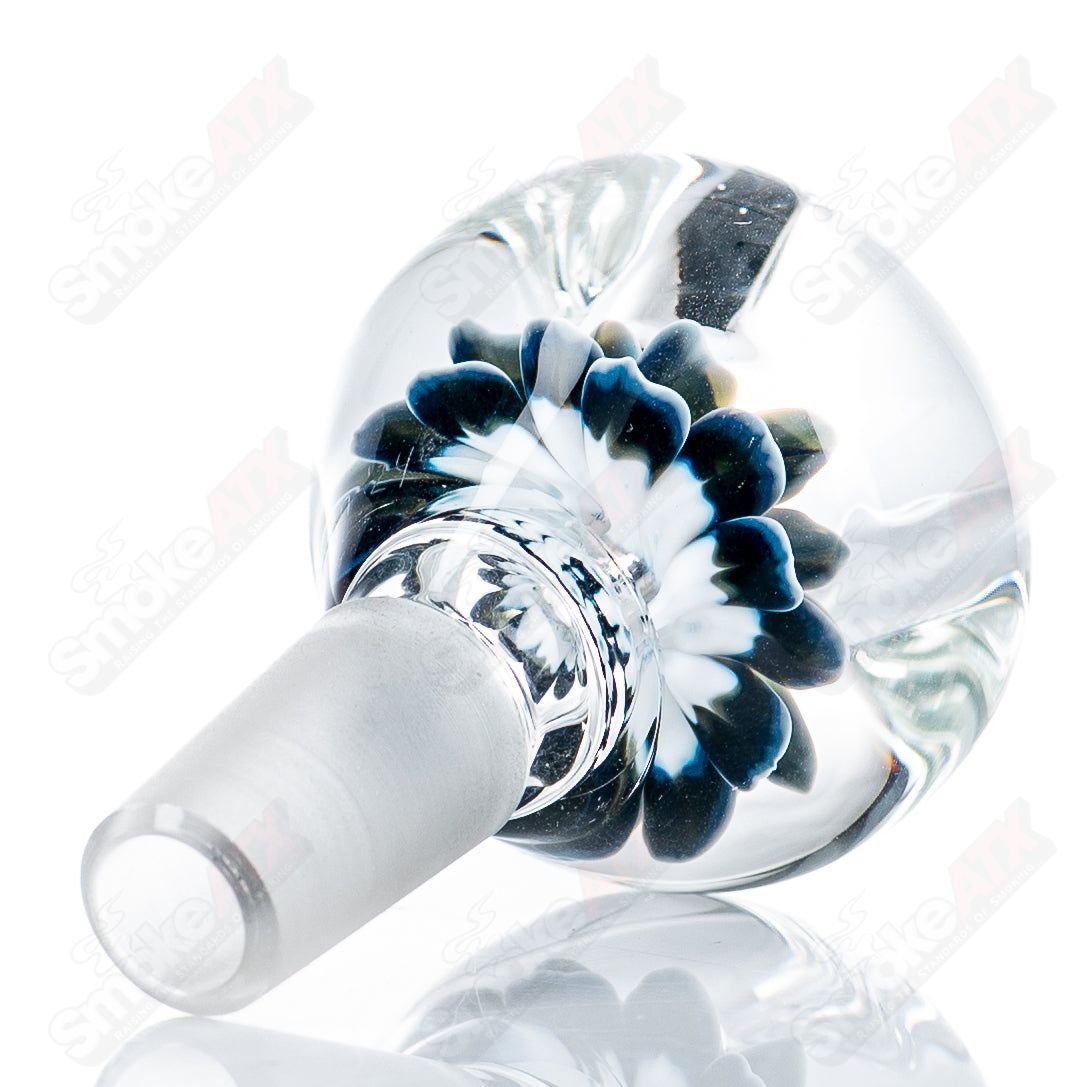 Swan Glass 14mm Flower Marble Bowl for heady glass pipes, featuring colorful flower and marble designs, on a clear background.