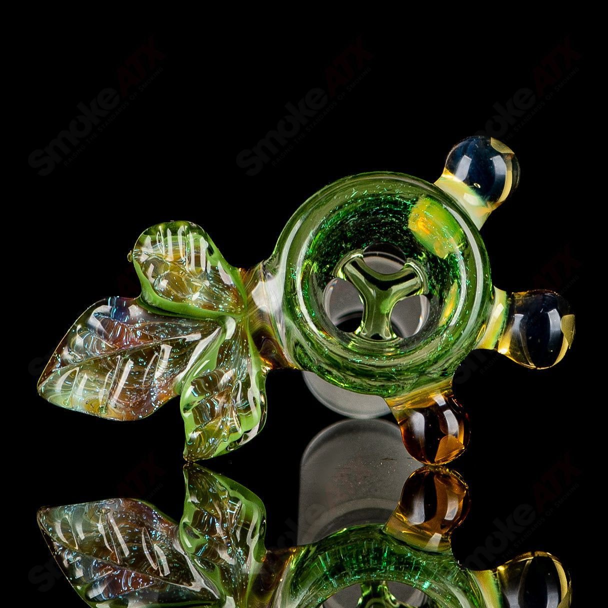 Green 14mm 3-hole slide with UV leaf design from Mr. Gray, compatible with Heady Glass bowls.