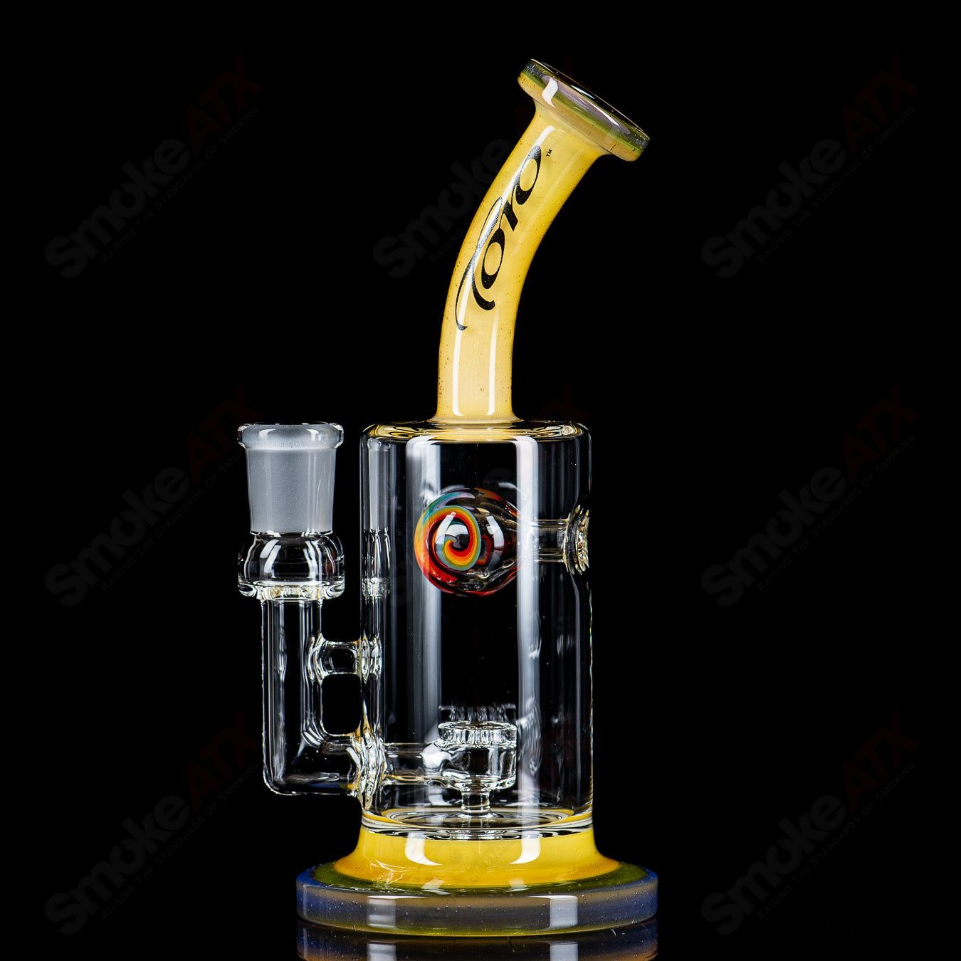 Toro Glass 14mm Jetperc full-color foot/mouthpiece for concentrate rigs, heady glass piece with vibrant design.