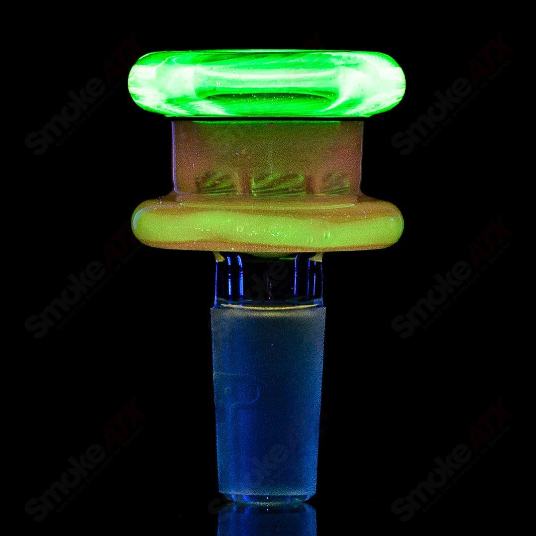 Mobius 14mm UV color elements multi-hole glass bowl for smoking, featuring vibrant UV-reactive accents and multiple airflow holes.