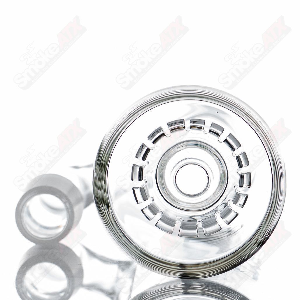 Toro Glass 18/18 ash catcher showing clear glass design with joint connection and intricate glasswork details.