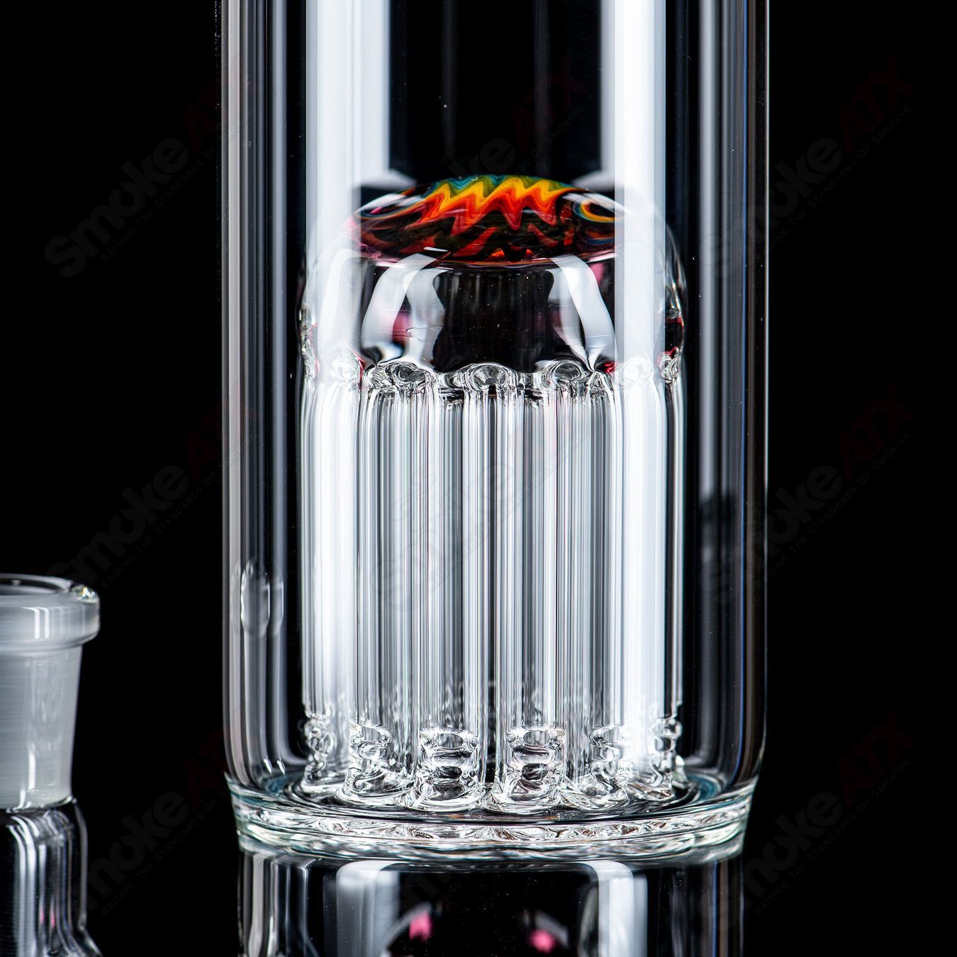 Toro 18mm 7/13 arm perc straight glass tube with worked sections, designed for smooth, filtered smoking experiences.