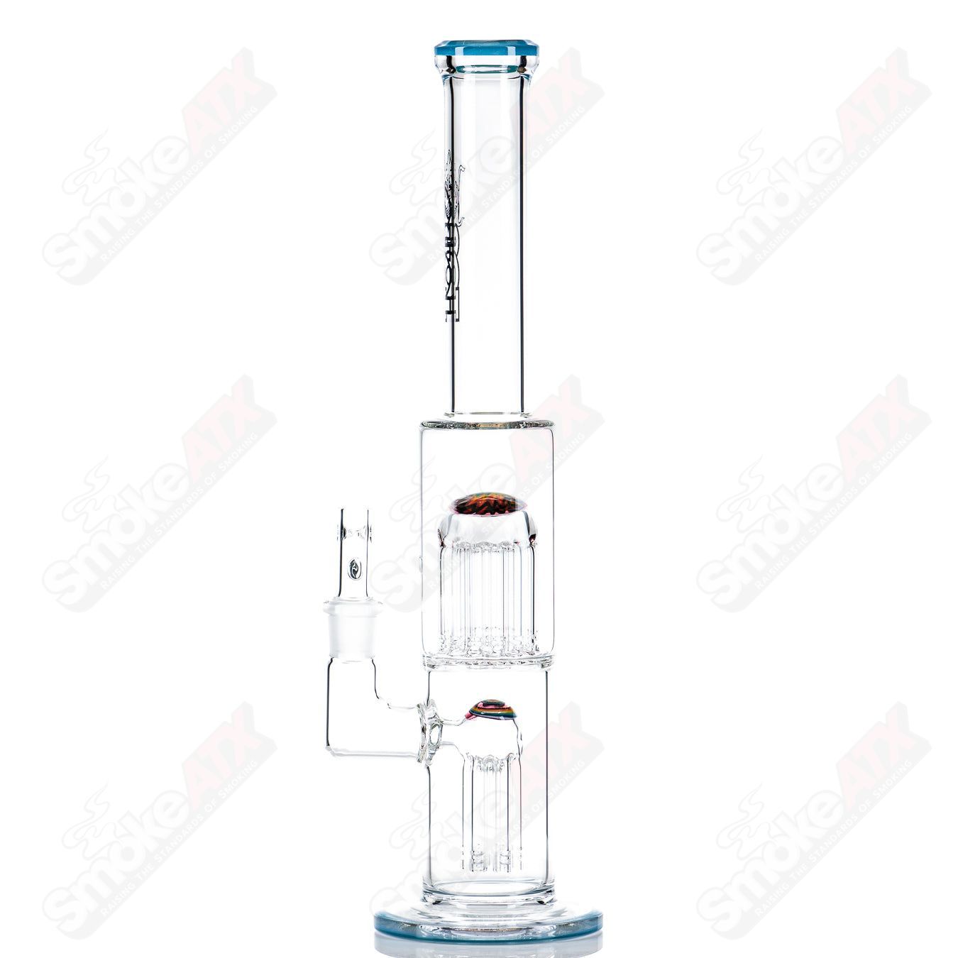 Toro 18mm 7/13 arm perc glass straight tube with worked sections, designed for smooth, filtered smoking experiences.