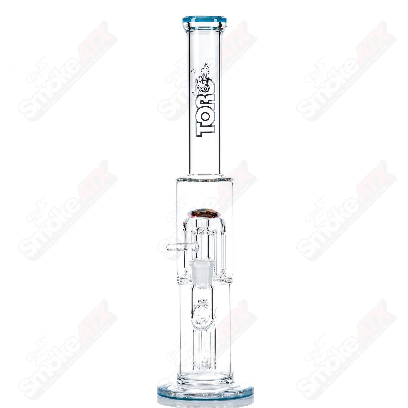 Toro 18mm 7/13 arm perc straight glass tube with worked sections, designed for smooth smoking experience.