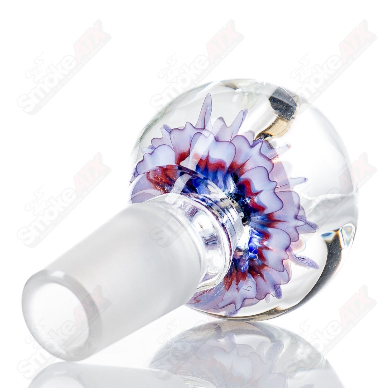 Swan Glass 18mm Flower Marble Bowl, heady glass bowl with colorful flower marble design, clear glass accents.
