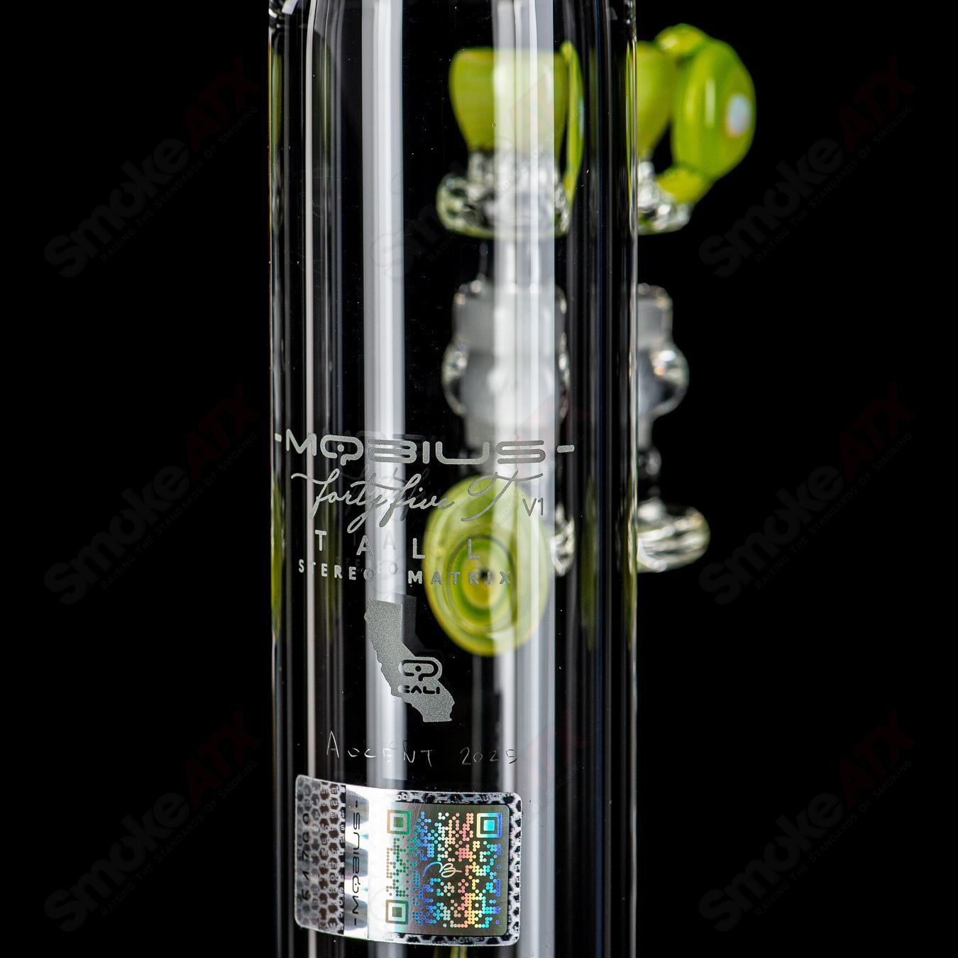 Mobius 45T Tall Stereo Matrix V1 Waterpipe in glass with intricate design, part of the Elements 2025 collection.
