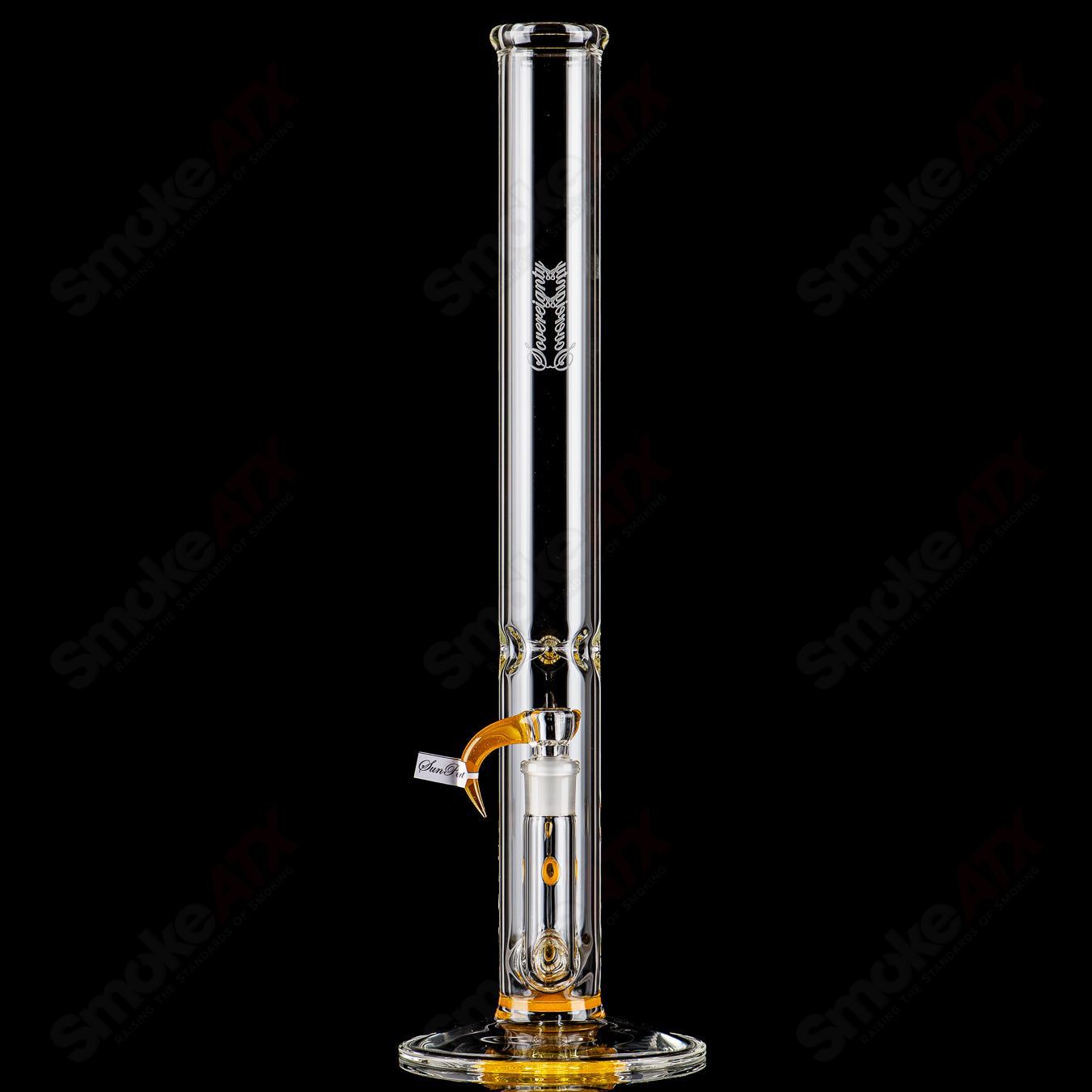 Sovereignty Glass 50x5 Jumbo Downgrid Stemline Straight Tube with partial accent and Millie design, clear glass with colorful details.