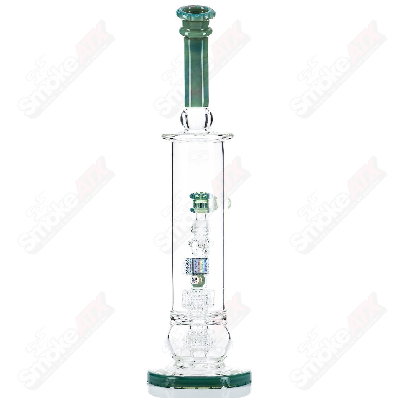 Mobius 65T V5 Hybrid Series Stereo Matrix waterpipe made of clear glass with intricate design and multiple chambers.