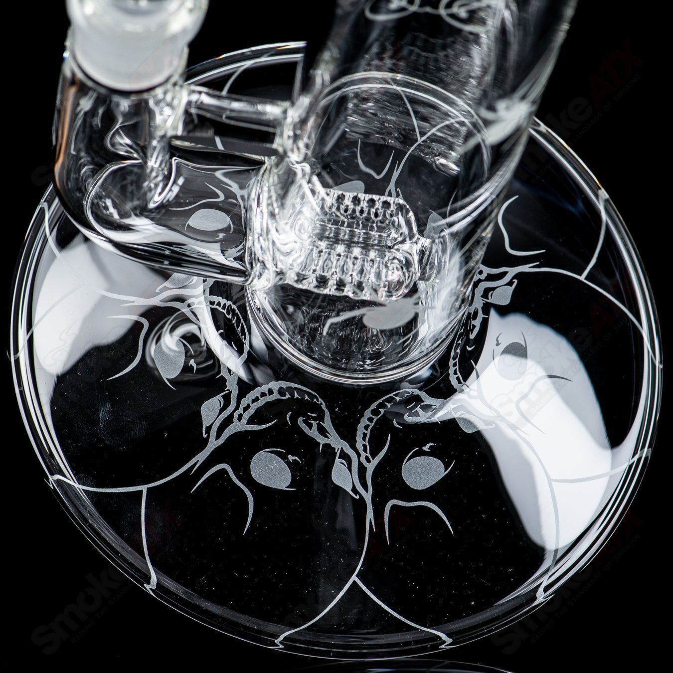 Clear glass Bishop 3-line straight tube with Halloween pattern by Sovereignty Glass, featuring festive decorative design.