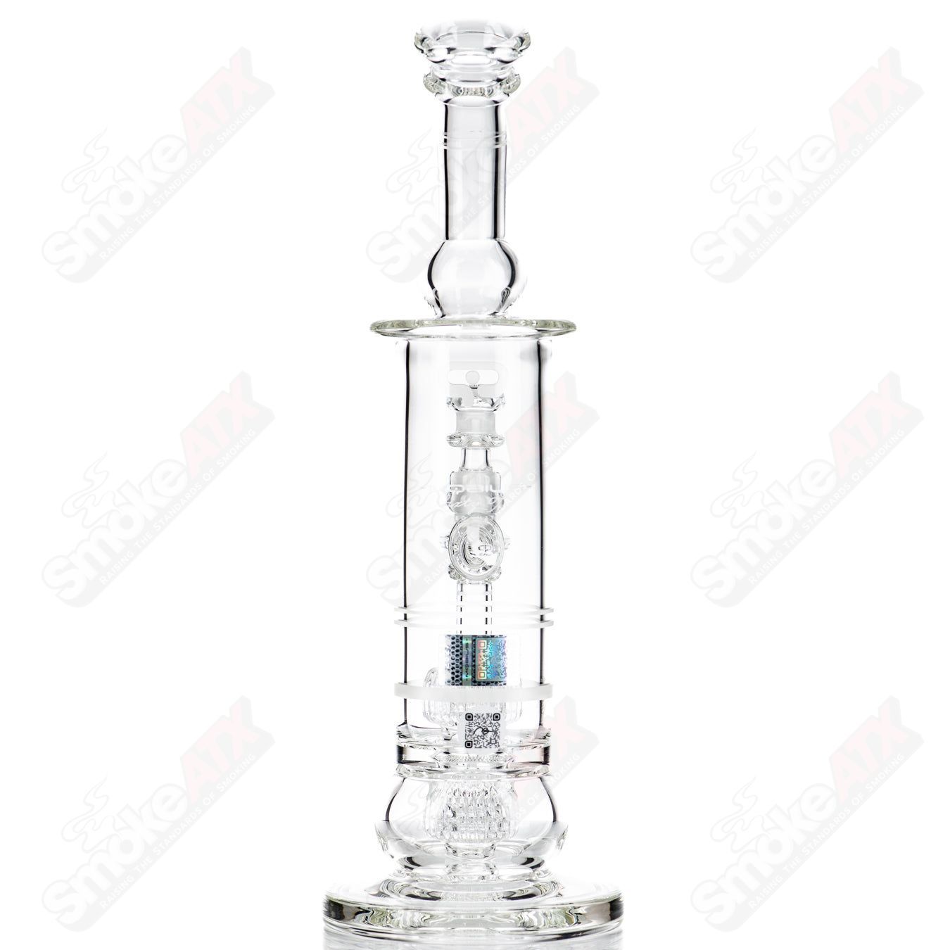 Mobius Cold Worked 60T V5 Stereo Matrix glass waterpipe with intricate design and clear glass construction.