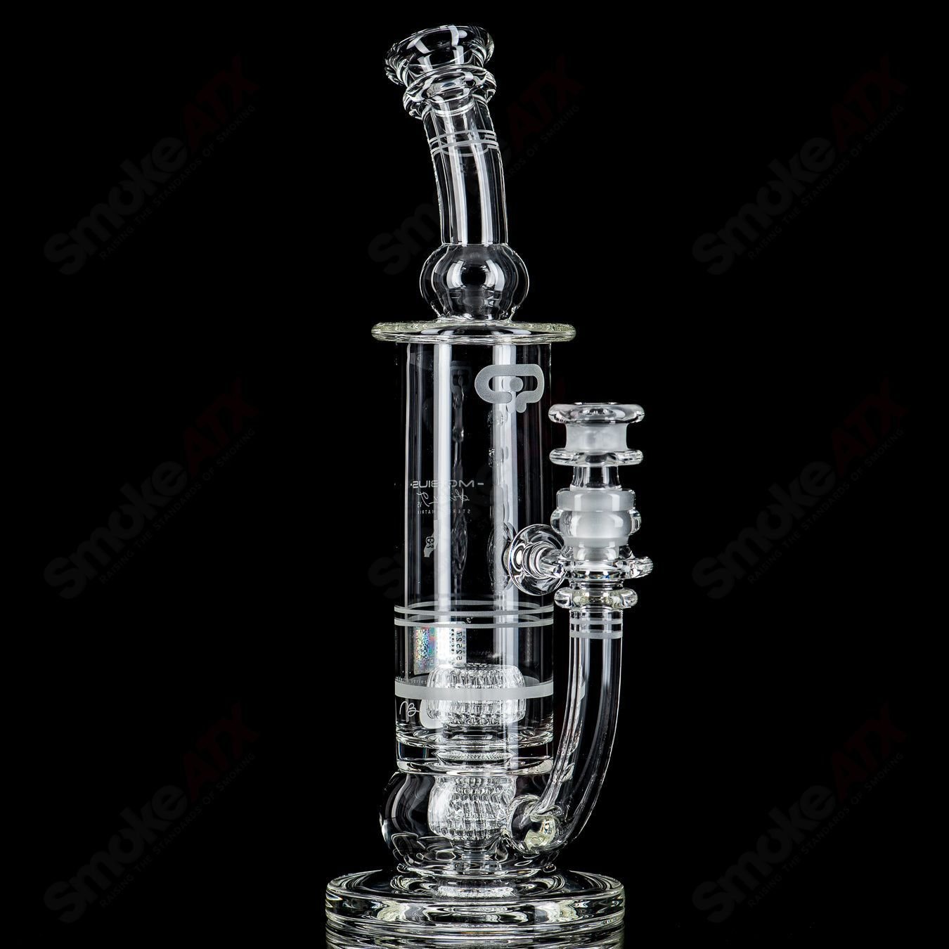 Mobius Cold Worked 60T V5 Stereo Matrix glass waterpipe with intricate design and clear glass construction.