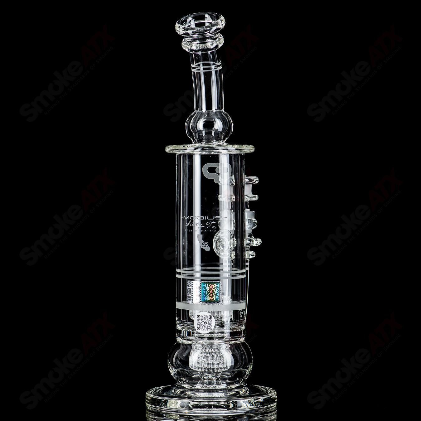 Mobius Cold Worked 60T V5 Stereo Matrix glass waterpipe with intricate design and clear glass construction.