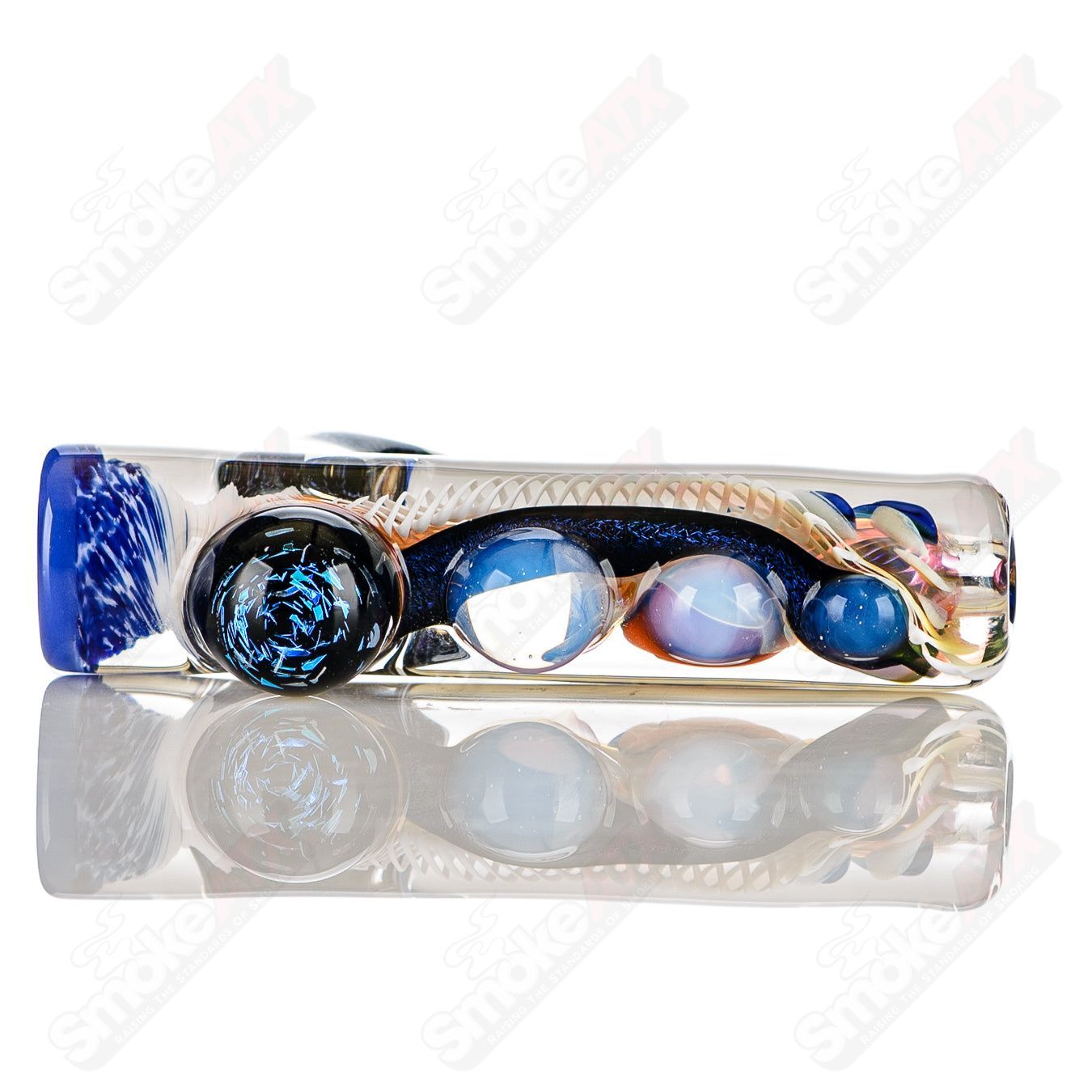 Color worked IO Chillum by Jeremy from Oregon, heady glass pipe with intricate 1-color design, hand-blown, compact smoking pipe.