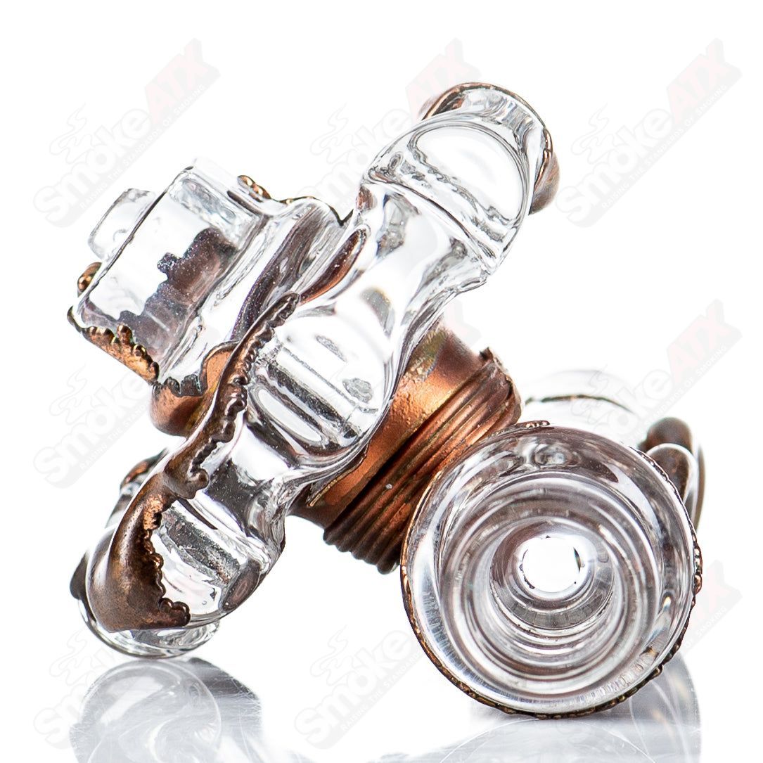 Glass electroformed gear chillum by Zack P x Snic, featuring intricate gear design and clear glass construction.