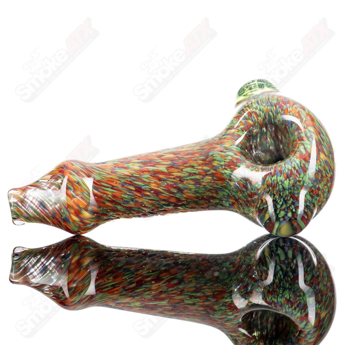 Colorful Frit Rainbow Spoon glass hand pipe by JMK Glass, featuring vibrant rainbow glass design and intricate craftsmanship.