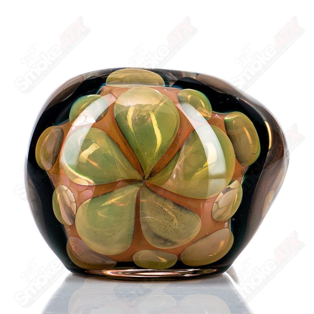 Gold and silver fume I/O spoon pipe by Shane Smith, glass smoking pipe with intricate metallic fume design.