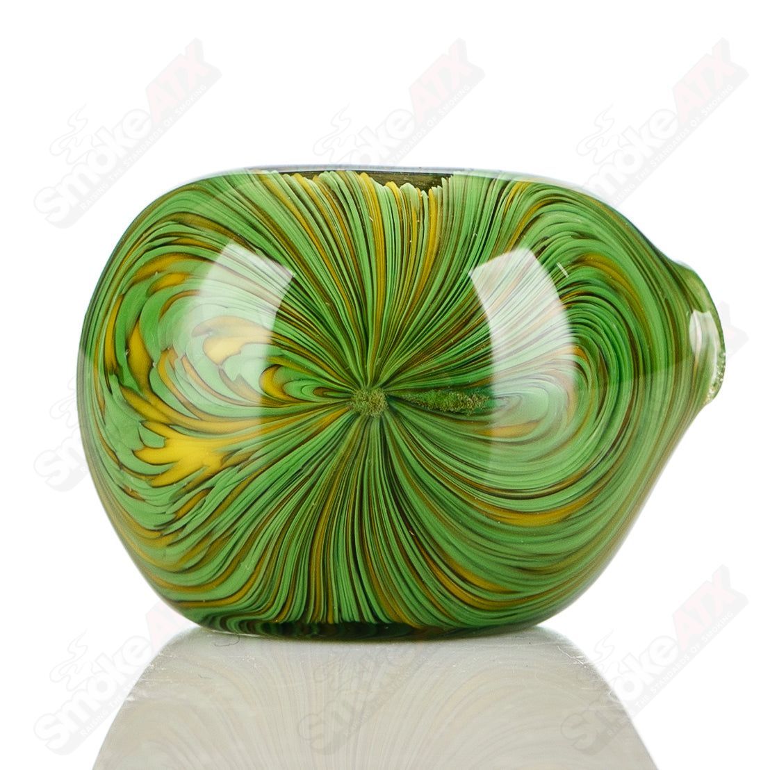 JMK Glass green and yellow worked frit glass pipe spoon with signature detailing, showcasing vibrant color work and craftsmanship.