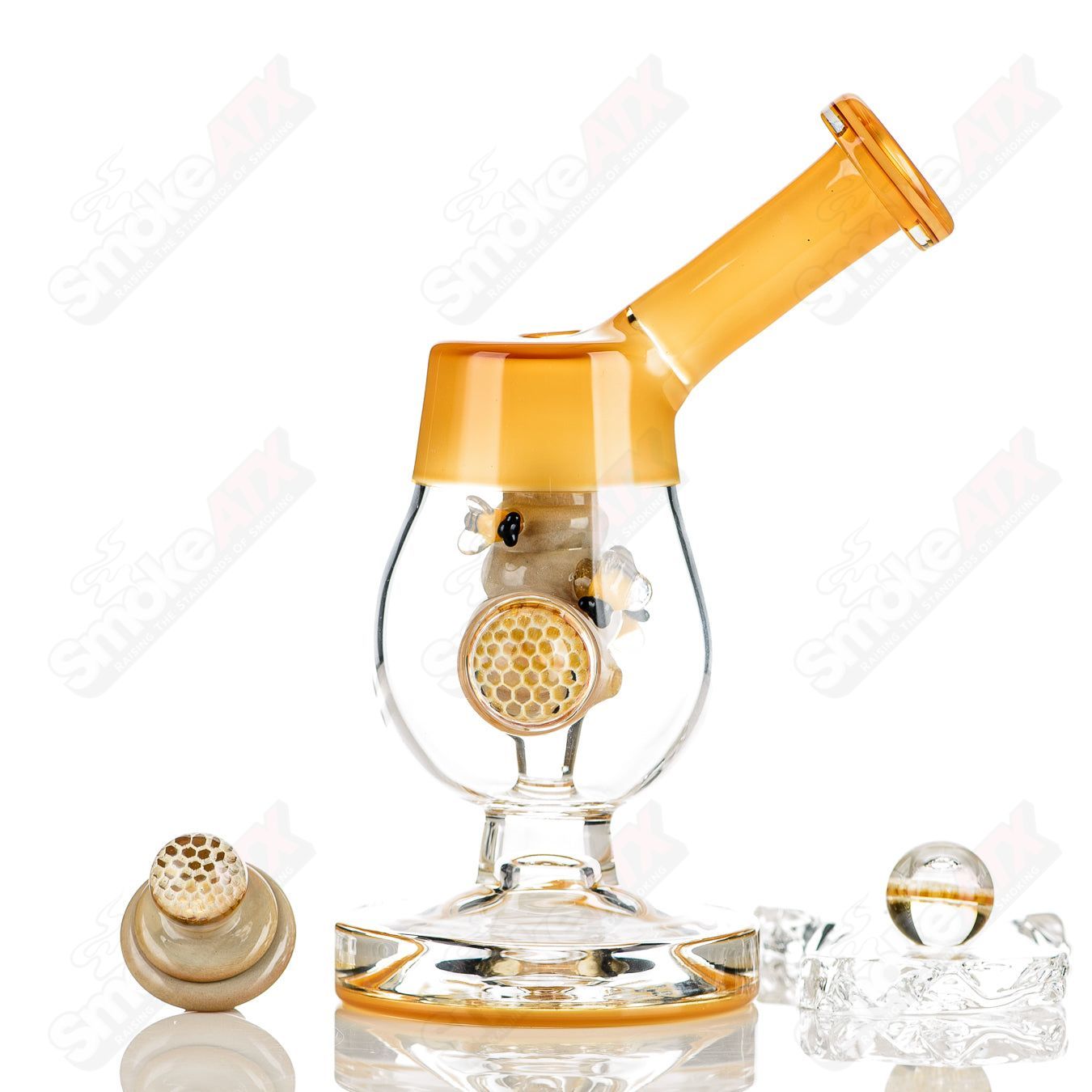 Joe P Glass Honeycomb Jammer Heady Glass Bubbler with intricate honeycomb design and colorful accents.