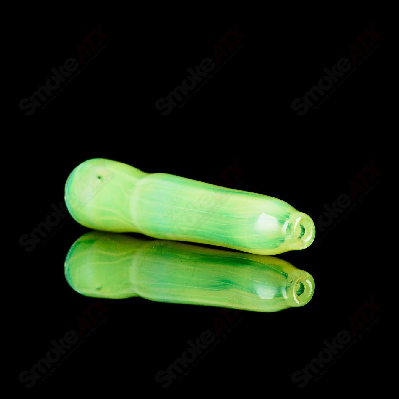 JMK Glass signed I/O Worked Chillum, clear glass smoking pipe with detailed design and smooth finish.