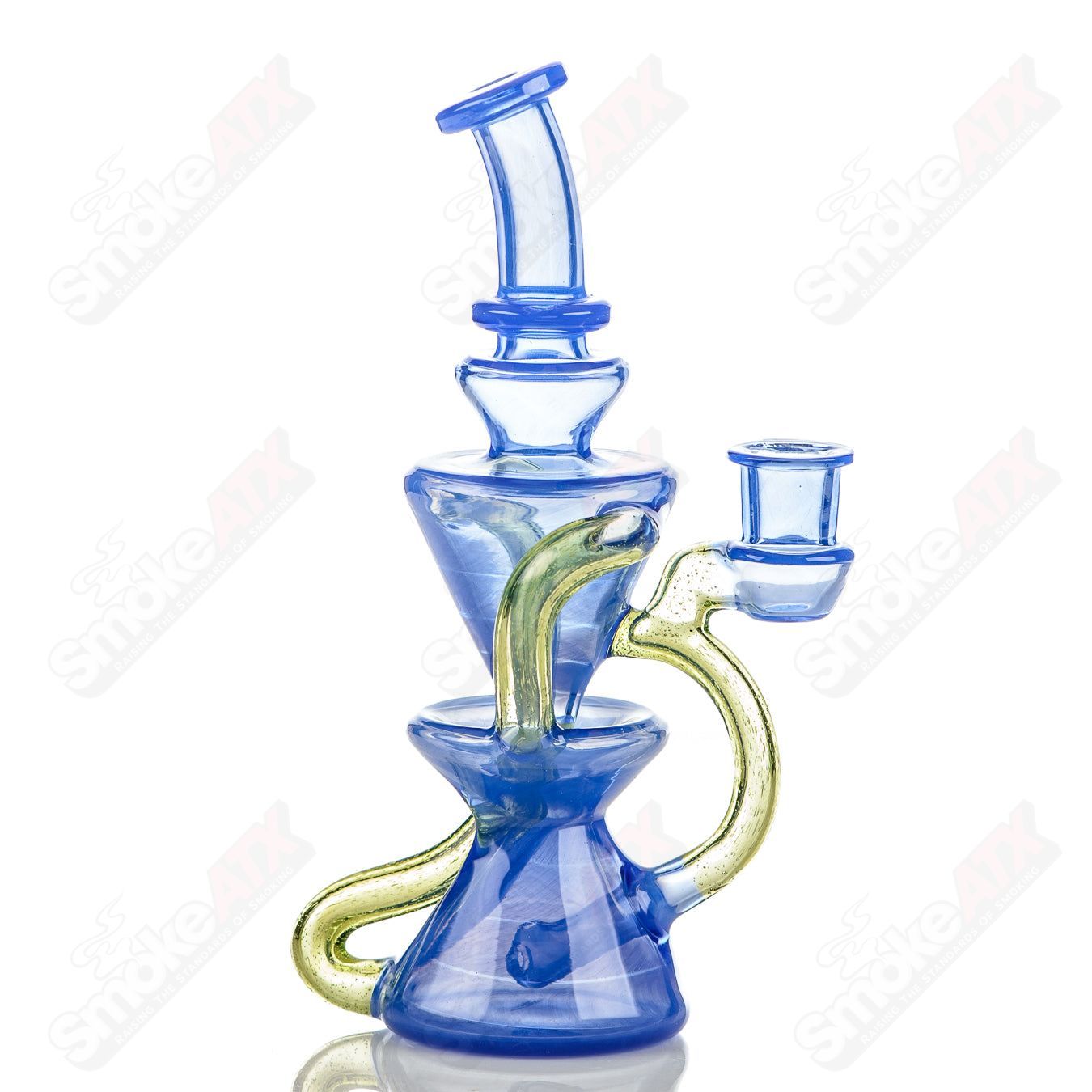 Captn Chronic Mini Two & Through CFL Recycler heady glass recycler with a colorful, intricate design and clear glass accents.