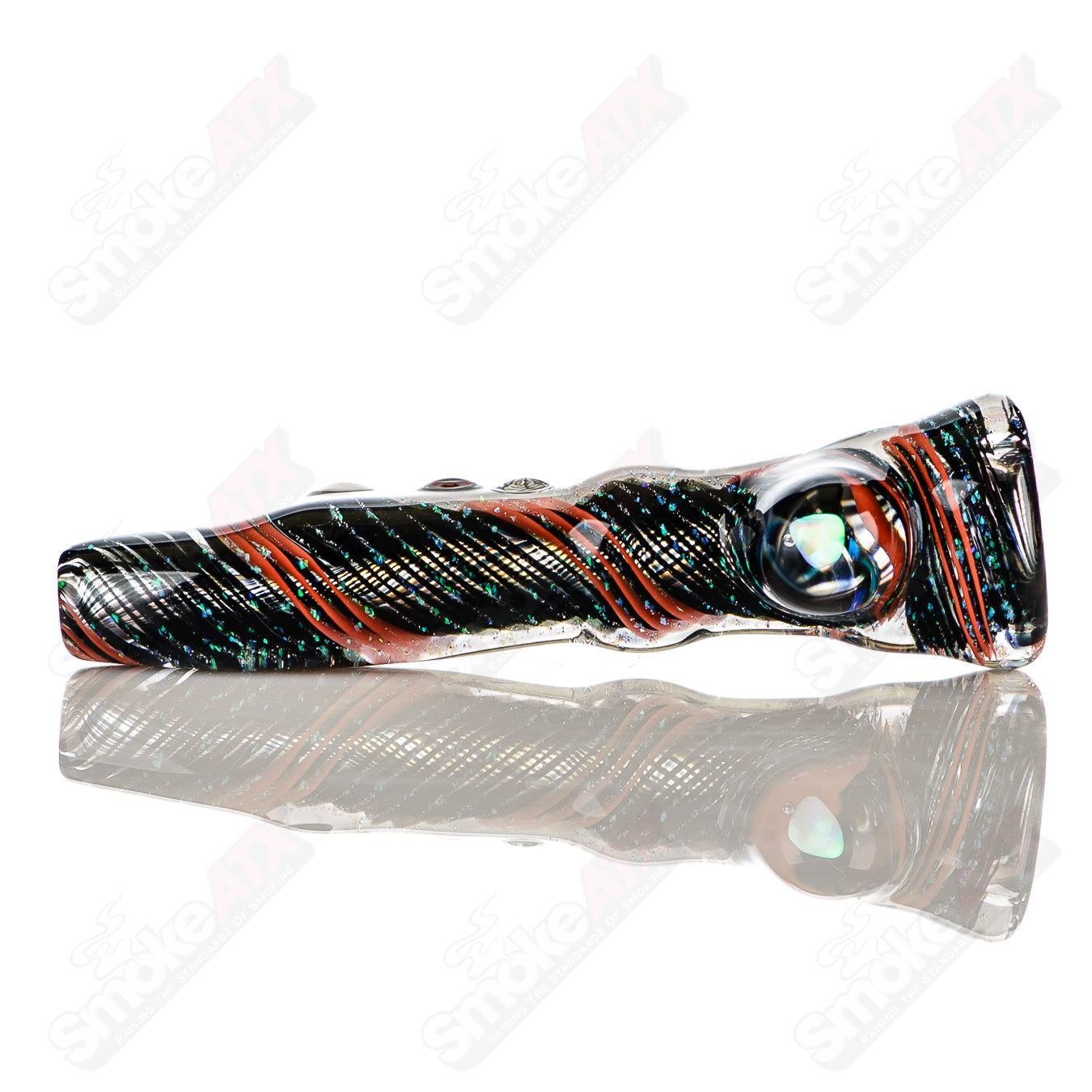 Glass chillum named Opal Hitter by Rotational Science, featuring a colorful opal design and smooth, rounded shape for easy use.