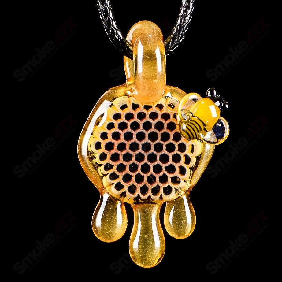 Small honeycomb drip pendant by Joe P Glass, heady glass pendant with intricate honeycomb design, colorful glass art piece