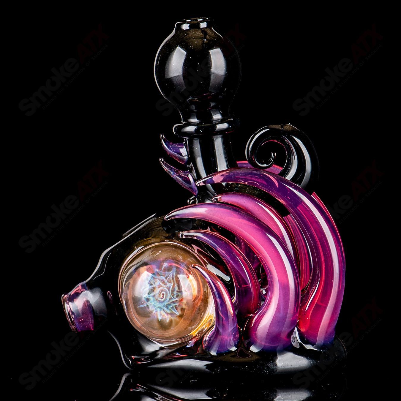 Freeek Glass squat lock flower pipe, a colorful hand pipe made of heady glass with floral design and unique squat lock shape.