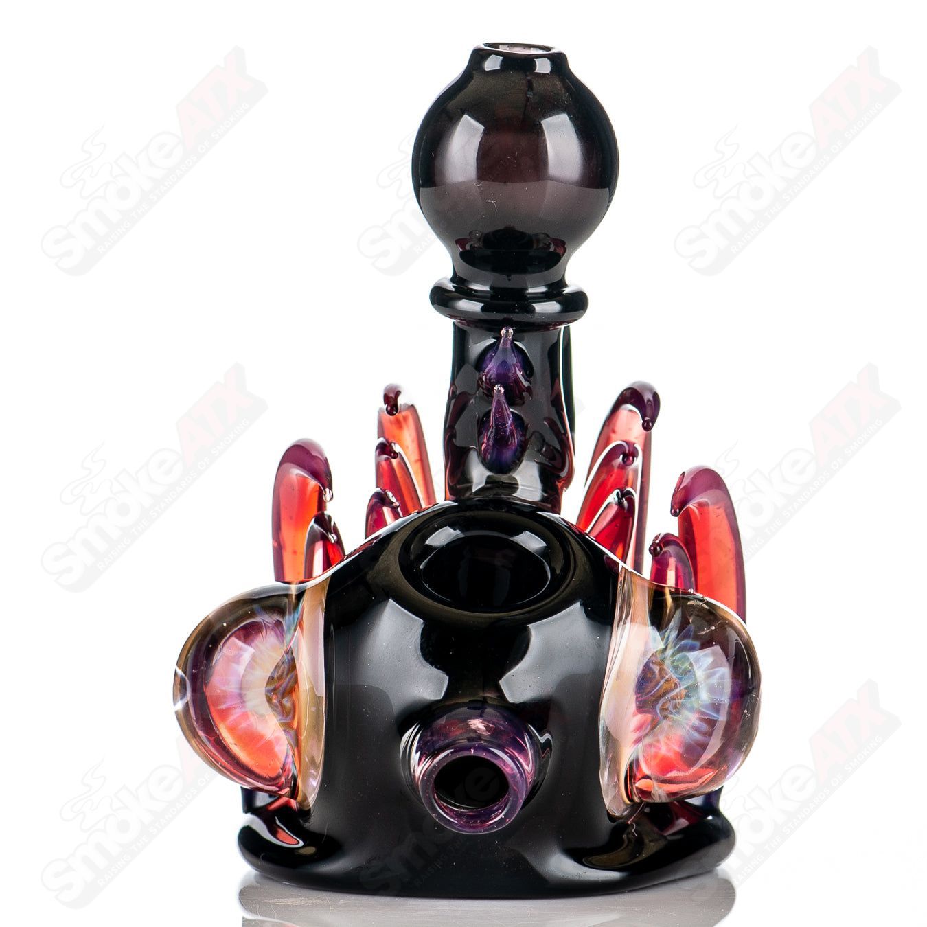 Freeek Glass squat lock flower pipe, a handcrafted heady glass hand pipe with colorful floral design and unique shape.