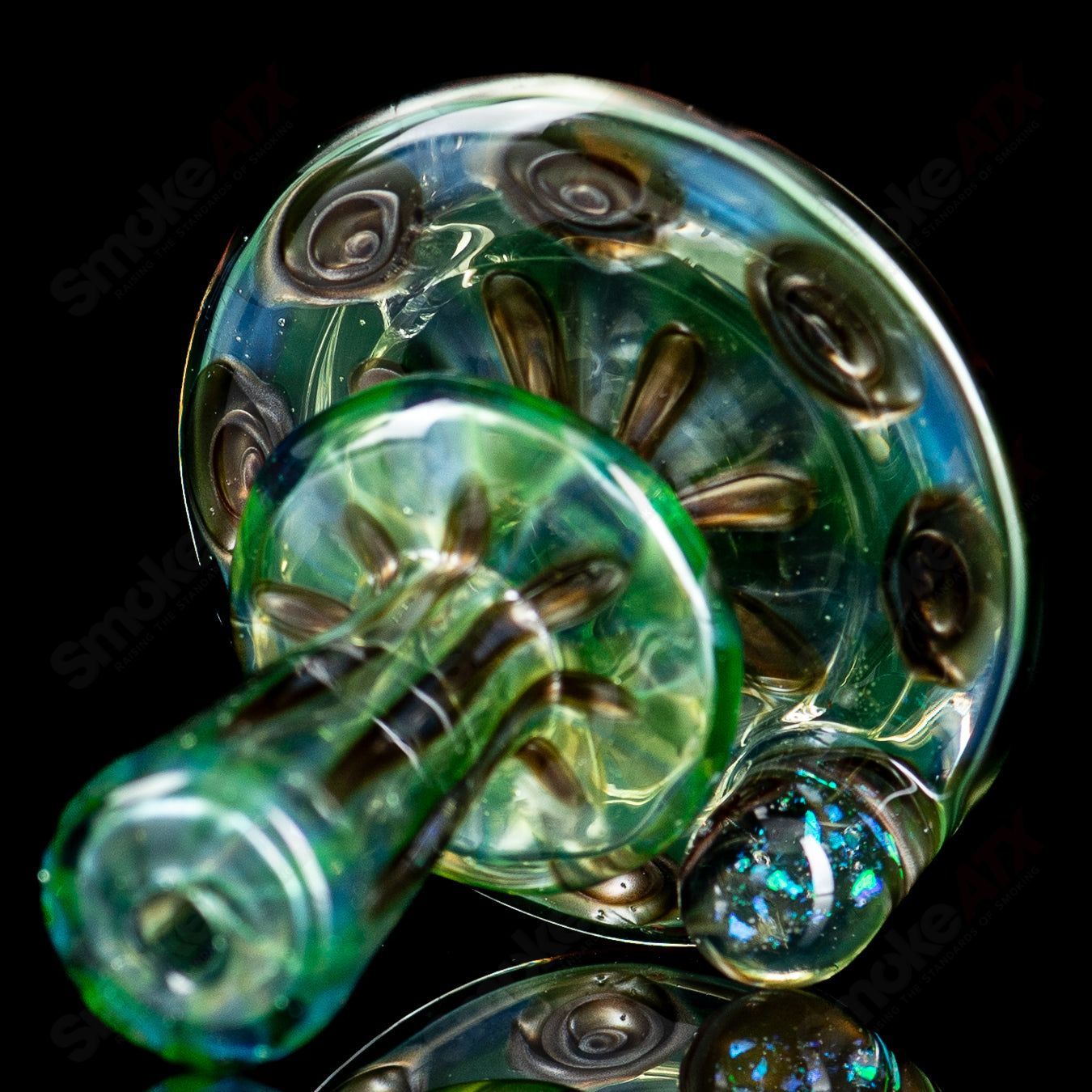 Colorful UV full pattern Puffco dry top by Geoff Made Glass, designed for Puffco vaporizer devices, with intricate heady glass details.