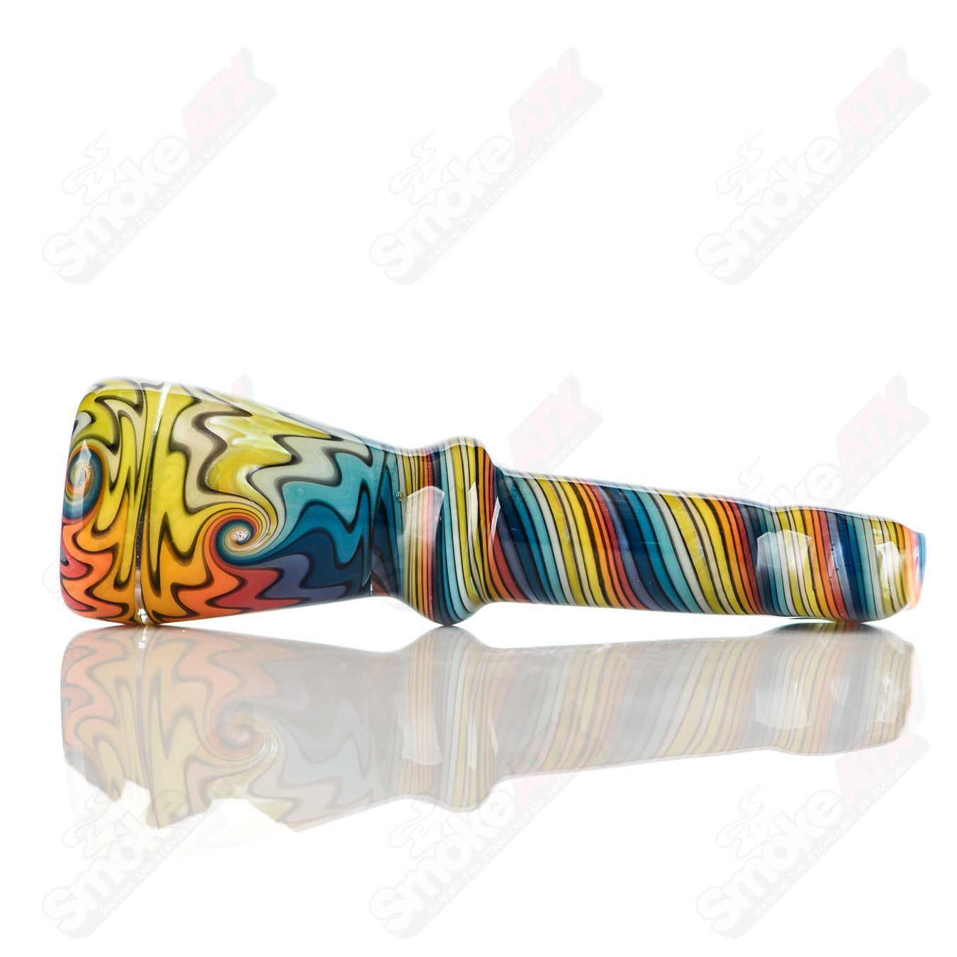 Katy Wright Glass Wig Wag Chillum, colorful heady glass pipe with intricate design, designed for smoking sessions.