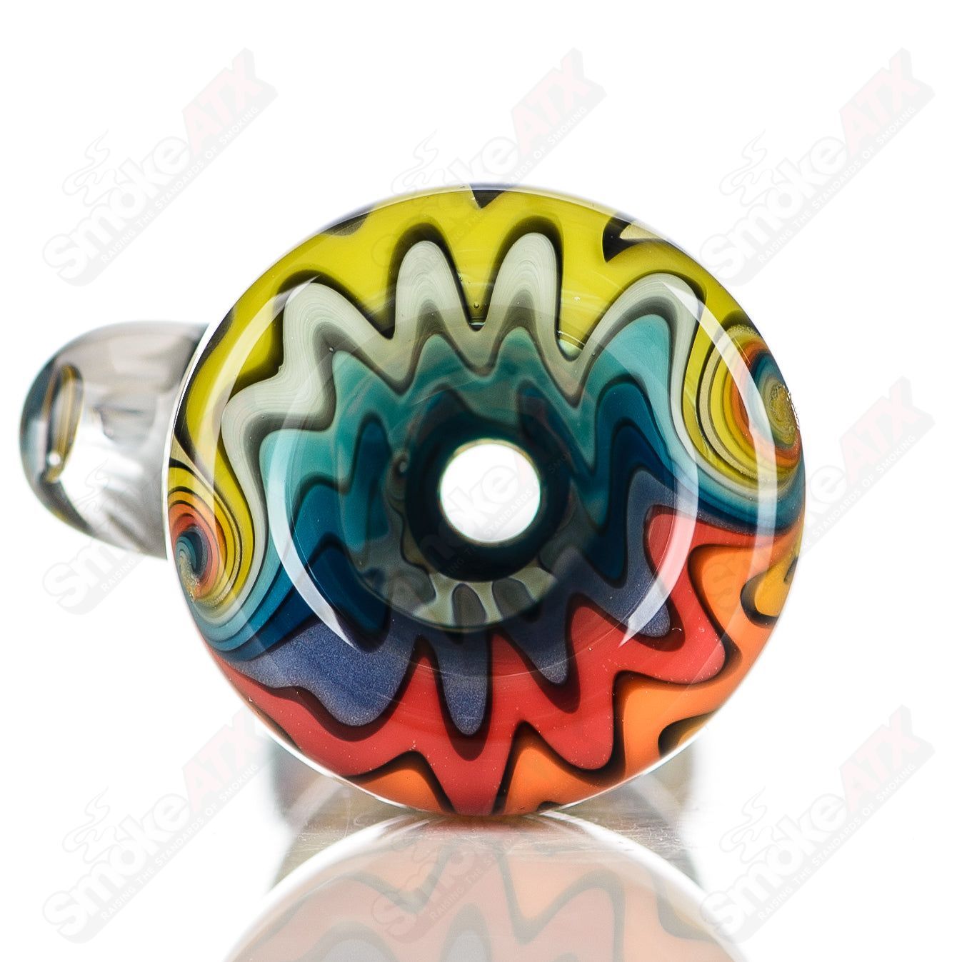 Katy Wright Glass Wig Wag Chillum, colorful heady glass pipe with intricate wig wag design for smoking or display