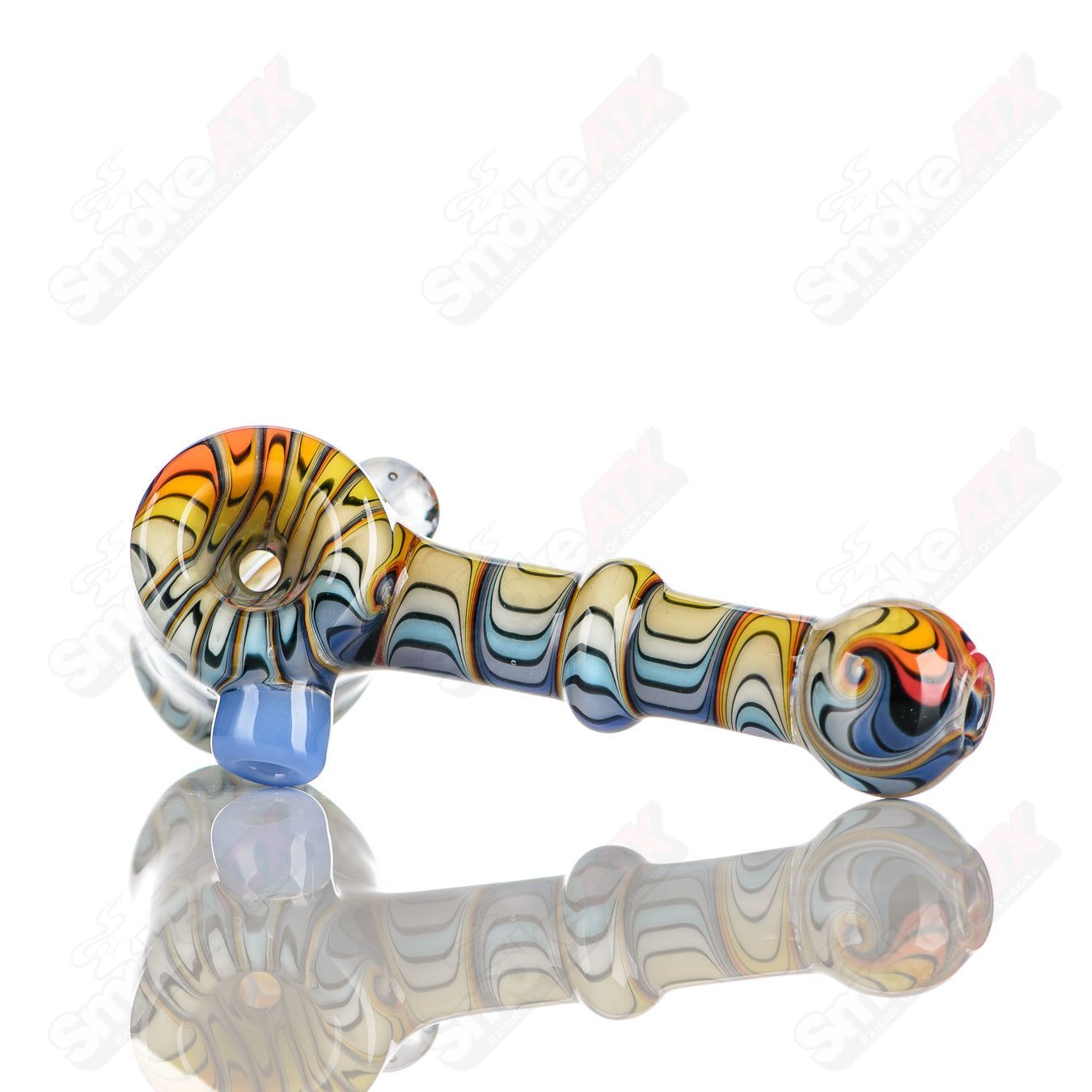 Katy Wright Glass Wig Wag Hammer Dry Pipe, heady glass hand pipe with colorful wig wag design and textured hammer shape.