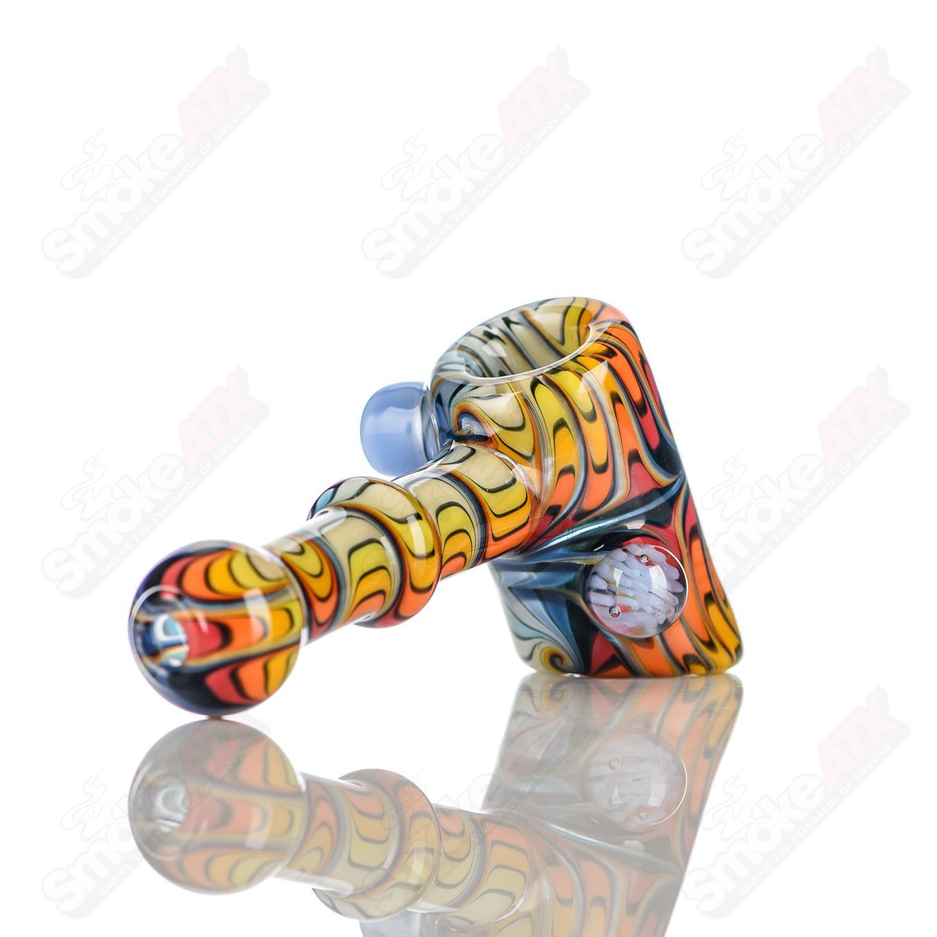 Katy Wright Glass Wig Wag Hammer Dry Pipe, handcrafted heady glass hand pipe with colorful wig wag design.