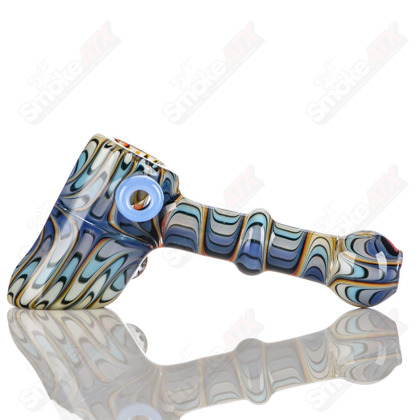 Katy Wright Glass Wig Wag Hammer Dry Pipe, heady glass hand pipe with colorful wig wag design and textured hammer shape.
